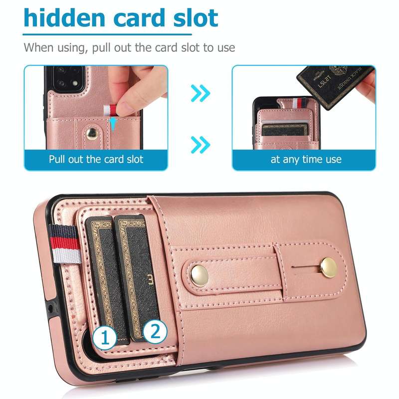 For Samsung Galaxy A22 5G Wristband Kickstand Wallet Leather Phone Case(Rose Gold)