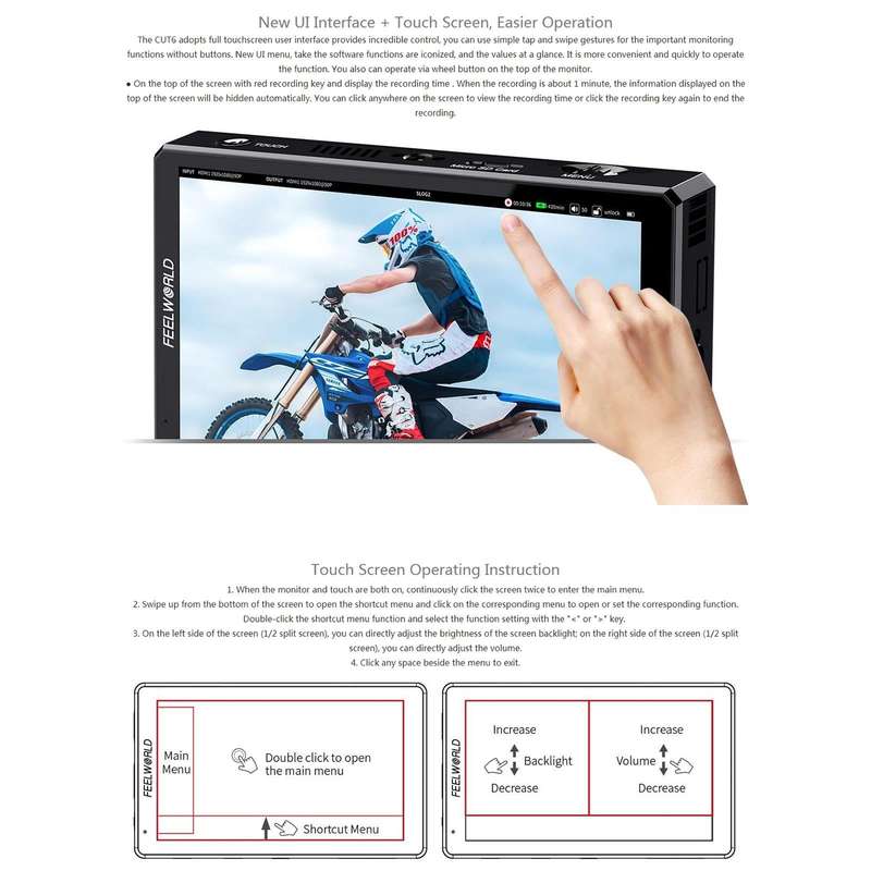 FEELWORLD CUT6 6-inch Touch Screen Monitor Recorder FHD IPS 4K HDMI Camera Field Monitor (Black)