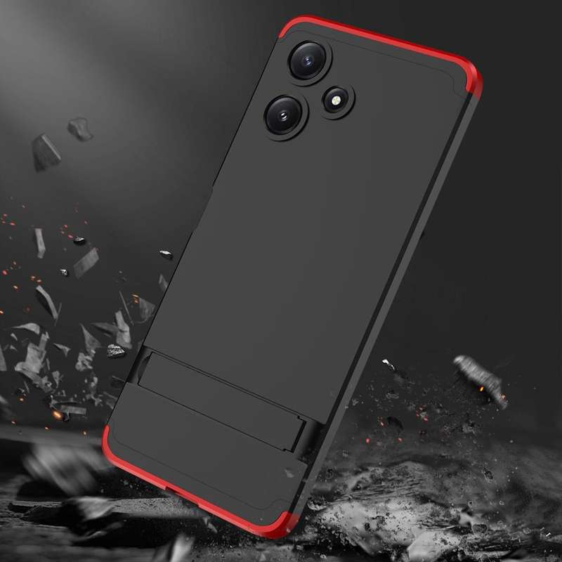 For Xiaomi Redmi 12 5G GKK Three Stage Splicing Full Coverage PC Phone Case with Stand(Black Red)