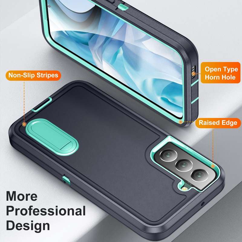 For Samsung Galaxy S22 5G 3 in 1 Rugged Holder Phone Case(Dark Blue+Light Blue)