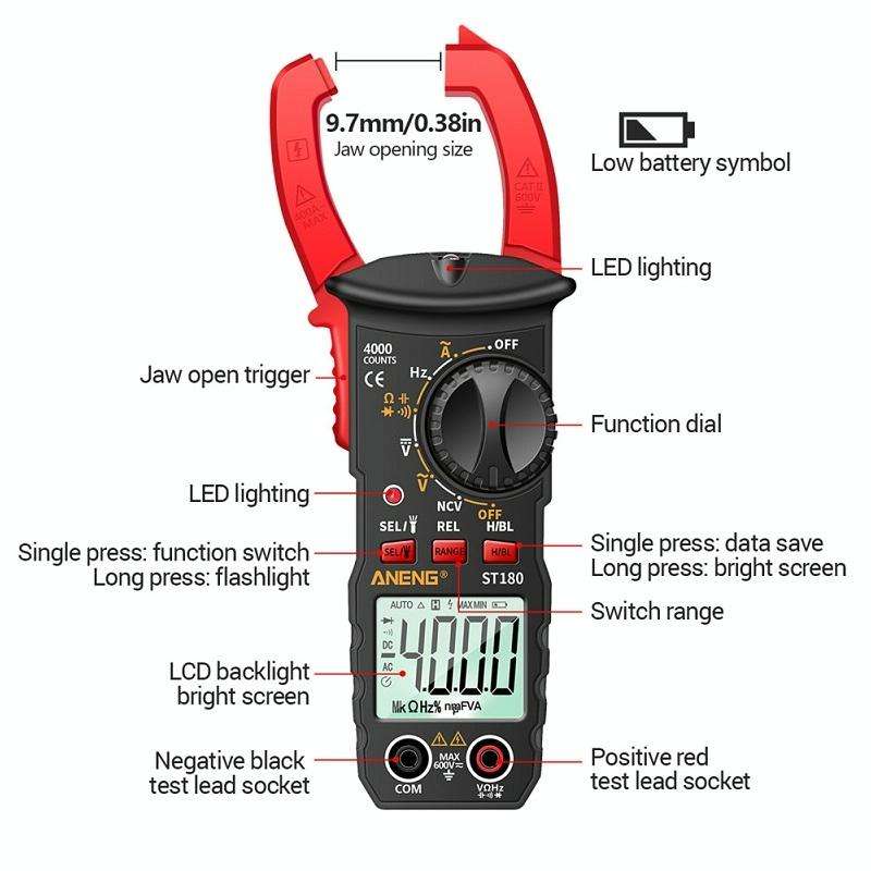 ANENG ST180 Digital Display Clamp AC & DC Intelligent Voltage Multimeter(Black)