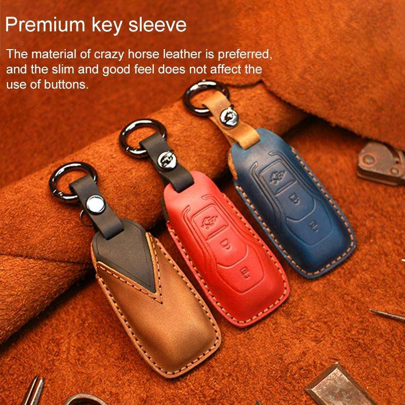 For Ford Old Style Car Cowhide Leather Key Protective Cover Key Case (Blue)