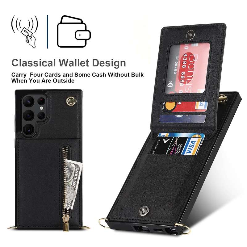 For Samsung Galaxy S22 Ultra 5G Cross-body Square Zipper Card Holder Bag Phone Case(Black)