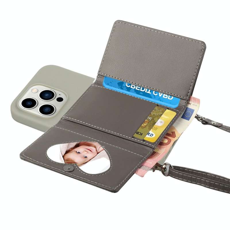 For iPhone 14 Pro Crossbody Lanyard Wallet Card Bag Phone Case(Grey)