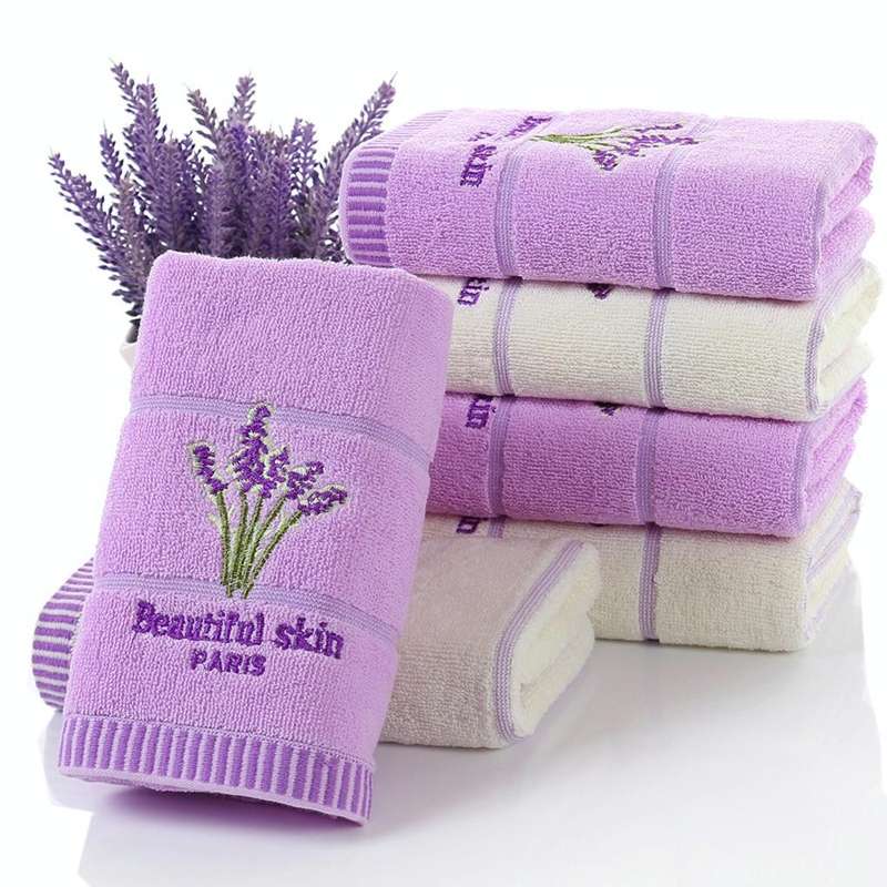 Pure Cotton Thicken Stripe Face Towels Lavender Pattern Absorbent Face Towels(Purple)