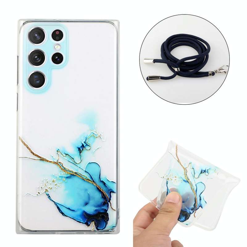 For Samsung Galaxy S22 Ultra 5G Hollow Marble Pattern TPU Shockproof Phone Case with Neck Strap R...