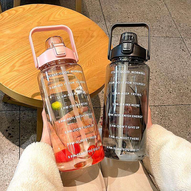 GYBL4503 2000ml Large-capacity Outdoor Sports Water Bottle with Straw, Spec: Pink+Stickers