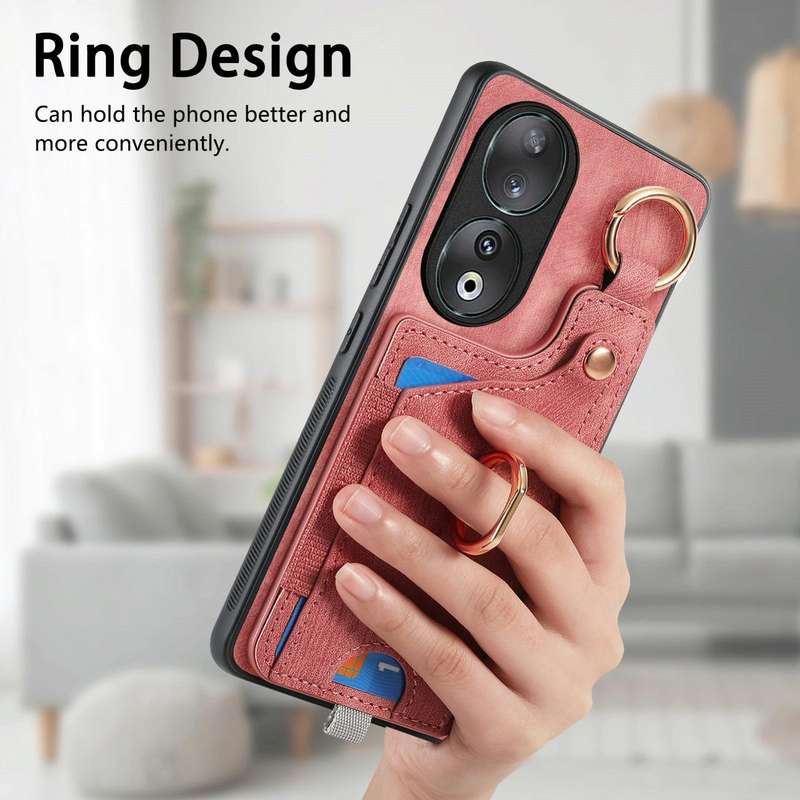 For Honor 90 Retro Skin-feel Ring Card Bag Phone Case with Hang Loop(Pink)