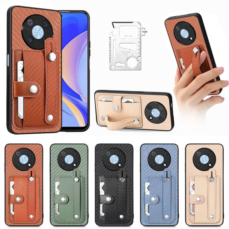 For Huawei Nova Y90 Wristband Kickstand Card Wallet Back Cover Phone Case with Tool Knife(Khaki)