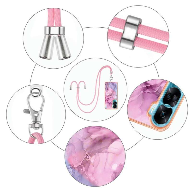 For Honor 90 Lite 5G Electroplating Marble Dual-side IMD Phone Case with Lanyard(Pink 013)
