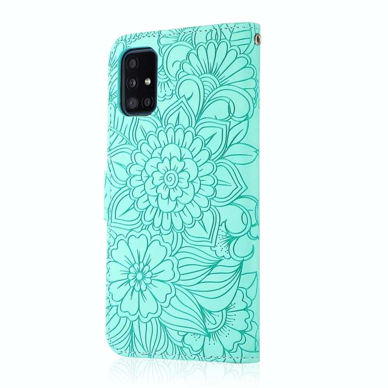 For Samsung Galaxy A51 Skin Feel Embossed Sunflower Horizontal Flip Leather Case with Holder & Ca...