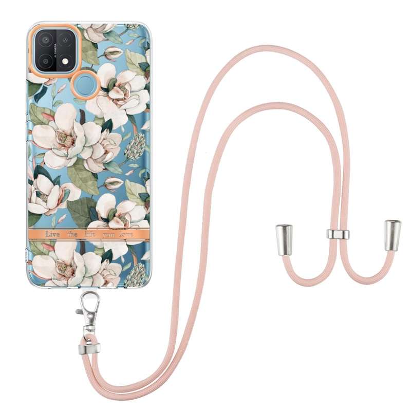 For OPPO A15 / A15S Flowers Series TPU Phone Case with Lanyard(Green Gardenia)