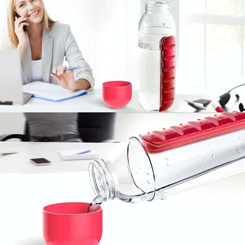 600ML Plastic Water Bottle with Daily Pill Box Organizer Drinking Bottles(Black)