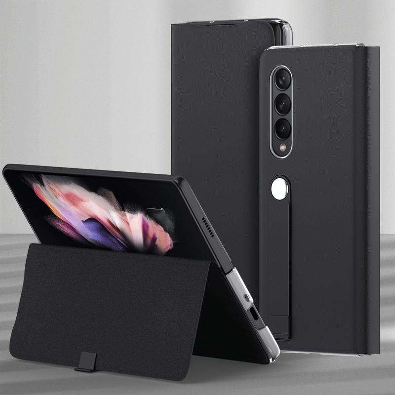 For Samsung Galaxy Z Fold3 5G Plain Leather Horizontal Flip Leather Case with Holder(Black)