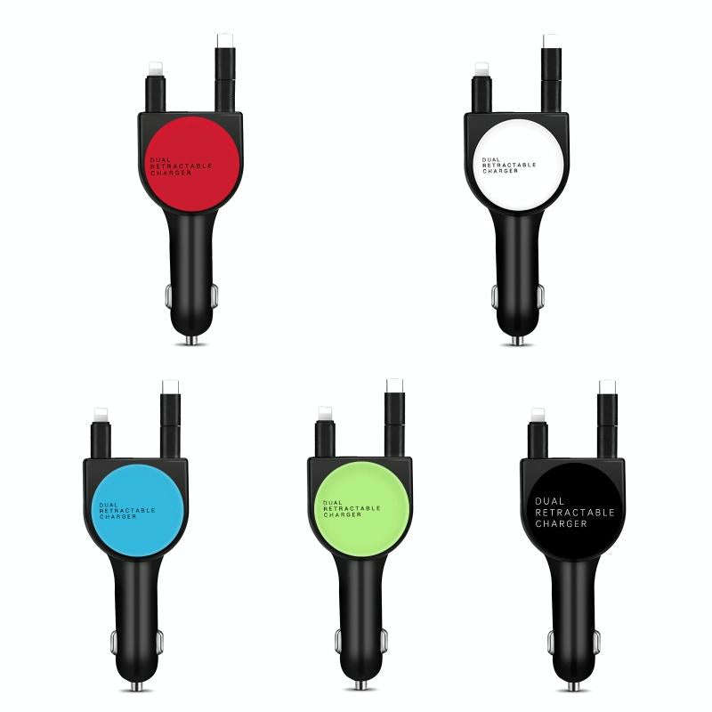 3 In 1 3.1A Dual USB Single Pull Retractable Fast QC3.0 Car Charger(Green)