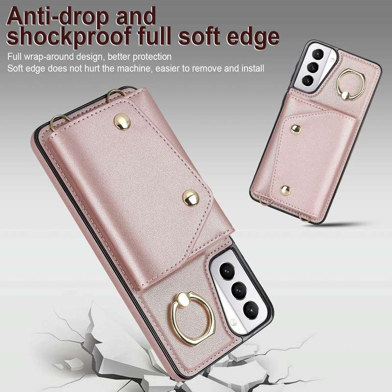 For Samsung Galaxy S21 5G Zipper Card Bag Phone Case with Dual Lanyard(Rose Gold)