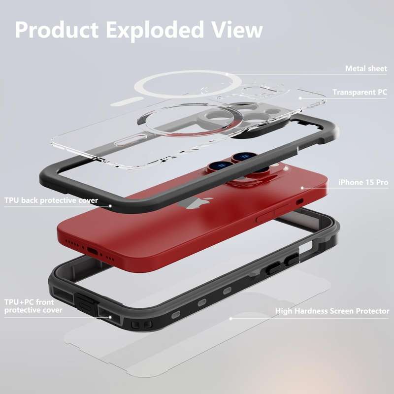 For iPhone 15 Pro Max RedPepper IP68 Waterproof MagSafe Phone Case(Black)