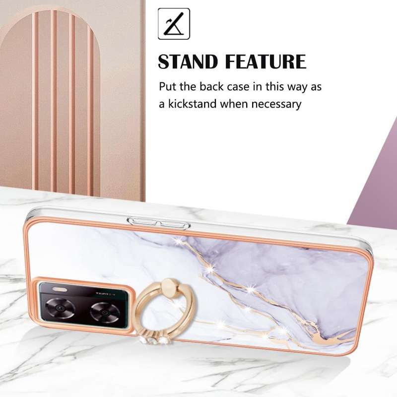 For OPPO A57 4G/A77 5G Taiwan/K10 5G Global Electroplating Marble IMD TPU Phone Case with Ring Ho...