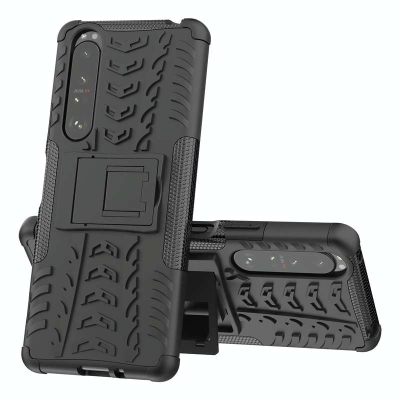 For Sony Xperia 1 III Tire Texture Shockproof TPU+PC Protective Case with Holder(Black)