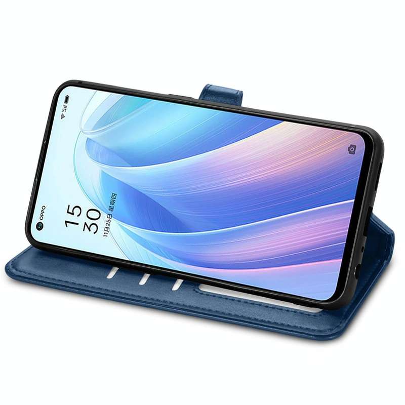For OPPO Reno7 5G Solid Color Leather Buckle Phone Case(Blue)