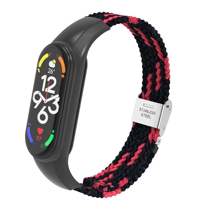 For Xiaomi Mi Band 7 Adjustable Nylon Braided Integrated Watch Band(Black Red)