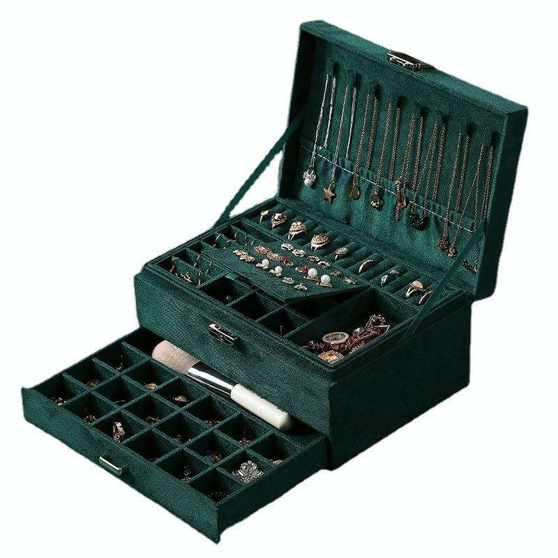 Three Layers Retro Flannel Earrings Ring Necklace Jewelry Storage Box, Specification: 24 x17 x 11...