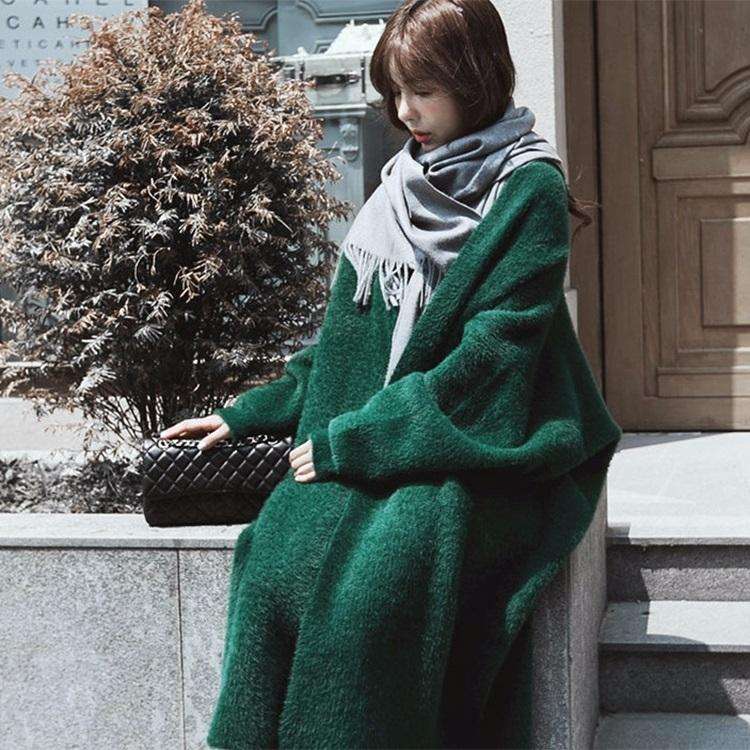 Loose Bat Plus Size Thickened Nightgown Women Knitted Cardigan Sweater Coat (Color:Green Size:Fre...