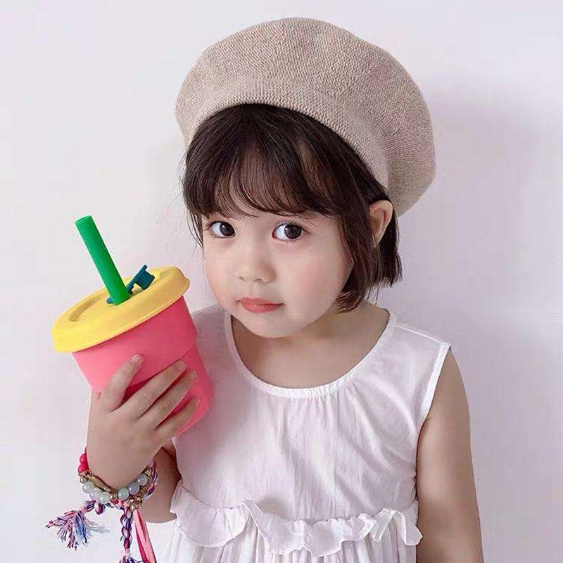 Children Silicone Straw Cups Drop And High Temperature Resistant Water Cups Brown Cup+Ink Green C...
