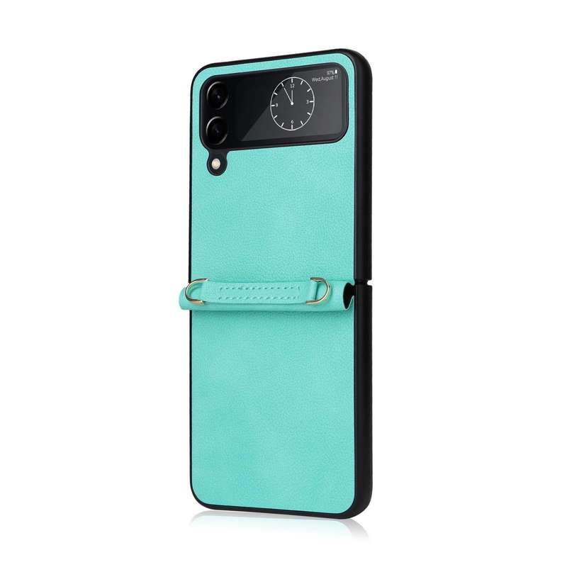 For Samsung Galaxy Z Flip4 Lambskin Texture Leather Phone Case with Lanyard(Mint Green)