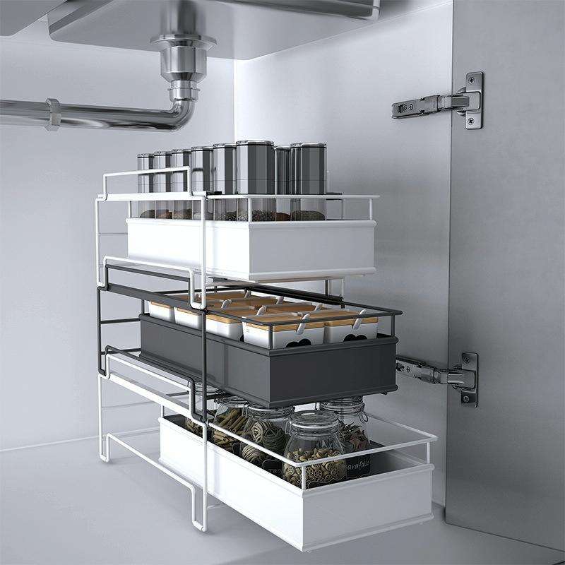 Kitchen Countertop Under Sink Spice Racks Can Be Stacked With Multi-Layer Pull-Out Storage Wrough...