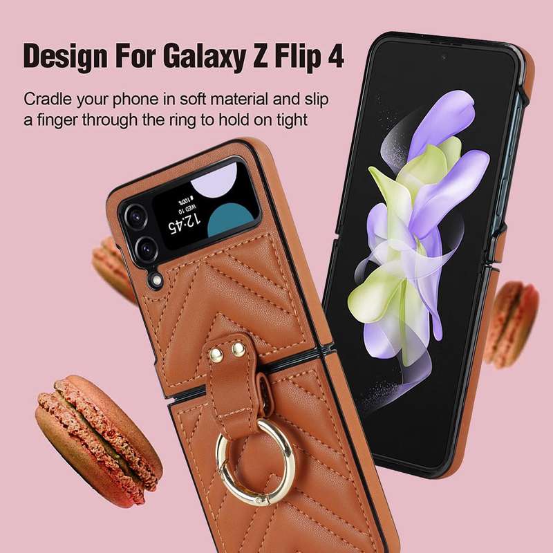 For Samsung Galaxy Z Flip4 V-shaped Folding Protective Phone Case with Folding Ring(Brown)