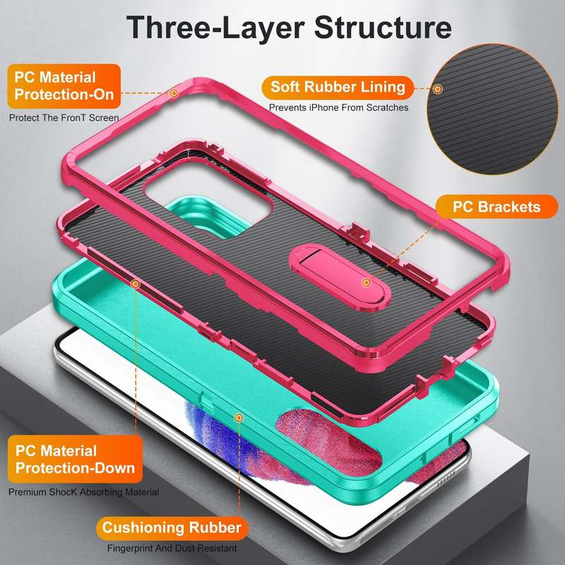 For Samsung Galaxy A53 3 in 1 Rugged Holder Phone Case(Blue + Pink)
