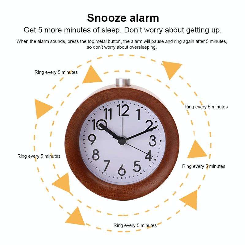 Solid Wood Silent Snooze Alarm Clock with Pointer(Round Dark)