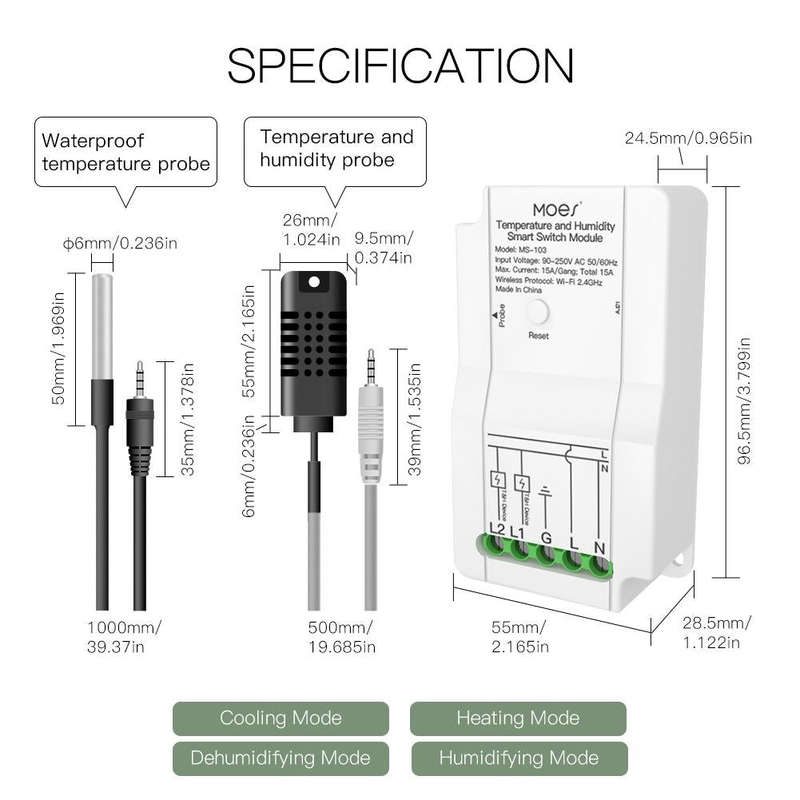 WiFi Switch Module+Temperature and Humidity Probe Tuya Dual-way Temperature and Humidity Switch T...