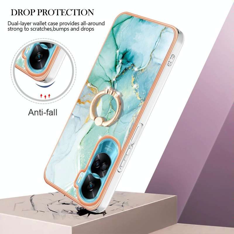 For Honor 90 Lite 5G Electroplating Marble IMD TPU Phone Case with Ring Holder(Green 003)