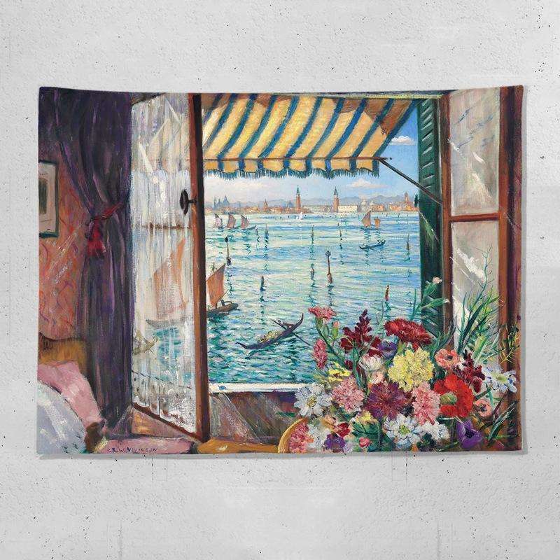 Sea View Window Background Cloth Fresh Bedroom Homestay Decoration Wall Cloth Tapestry, Size: 200...