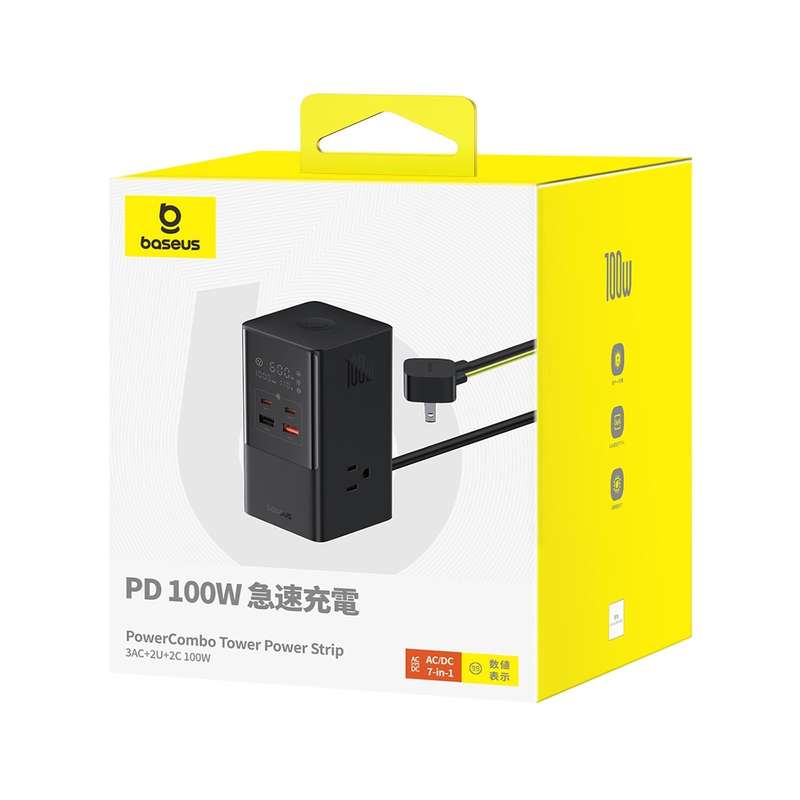 Baseus PowerCombo Tower Power Strip 3xAC+2xType-C+2xUSB 100W with 1.5 Power Cord, JP Plug(Black)