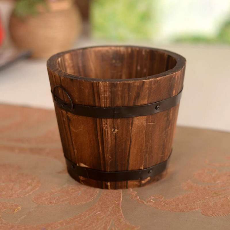 Balcony Vegetable Succulent Carbonized Wood Flower Pot Retro Small Wooden Bucket Home Decoration,...