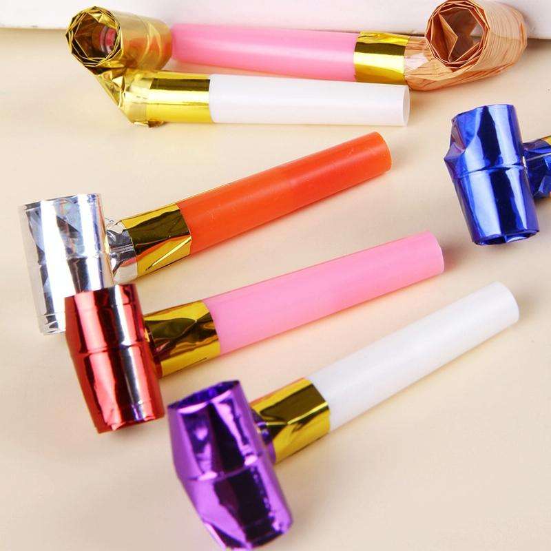 100 PCS Children Small Toy Plastic Whistle Birthday Party Cheering Small Gift Gold Paper Blowing ...