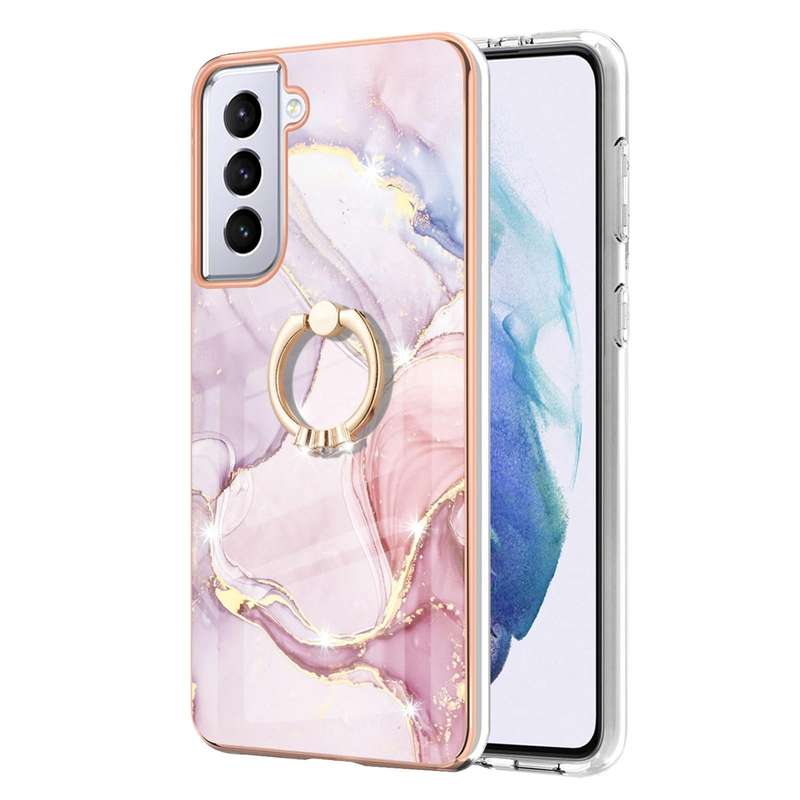 For Samsung Galaxy S21 5G Electroplating Marble Pattern IMD TPU Shockproof Case with Ring Holder(...