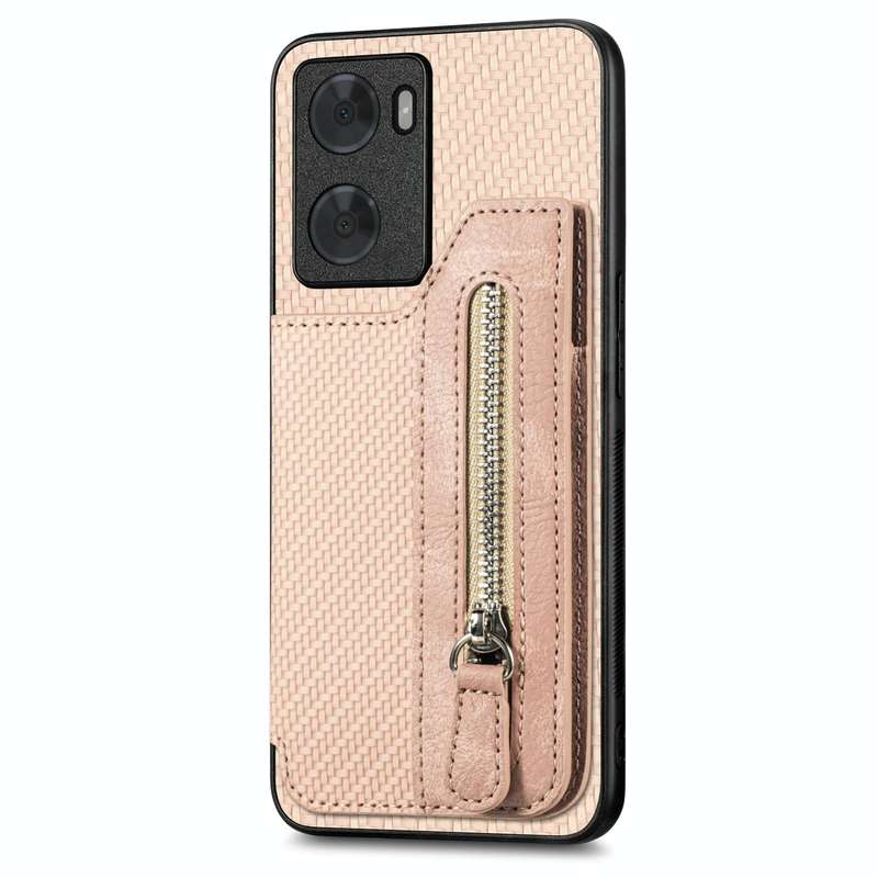 For OPPO A57 4G Carbon Fiber Flip Zipper Wallet Phone Case(Khaki)