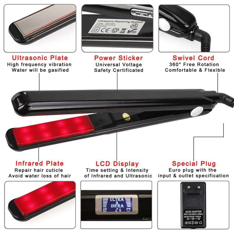 RUCHA Ultrasonic Infrared Hair Care Iron Straightener with Adjustable Upgraded LCD Display, Plug ...