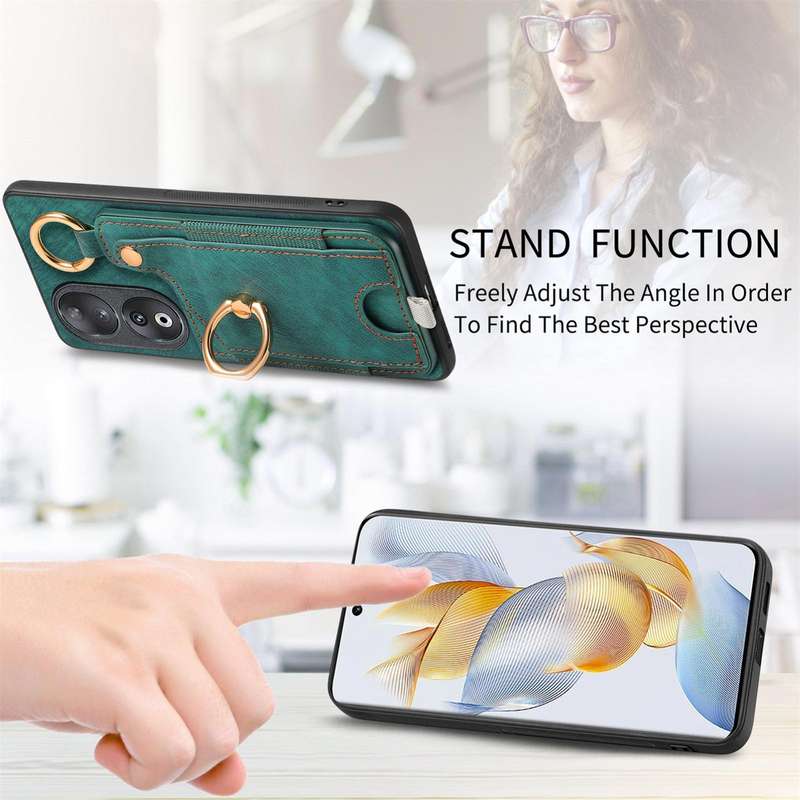For Huawei P60 Pro Retro Skin-feel Ring Card Bag Phone Case with Hang Loop(Green)