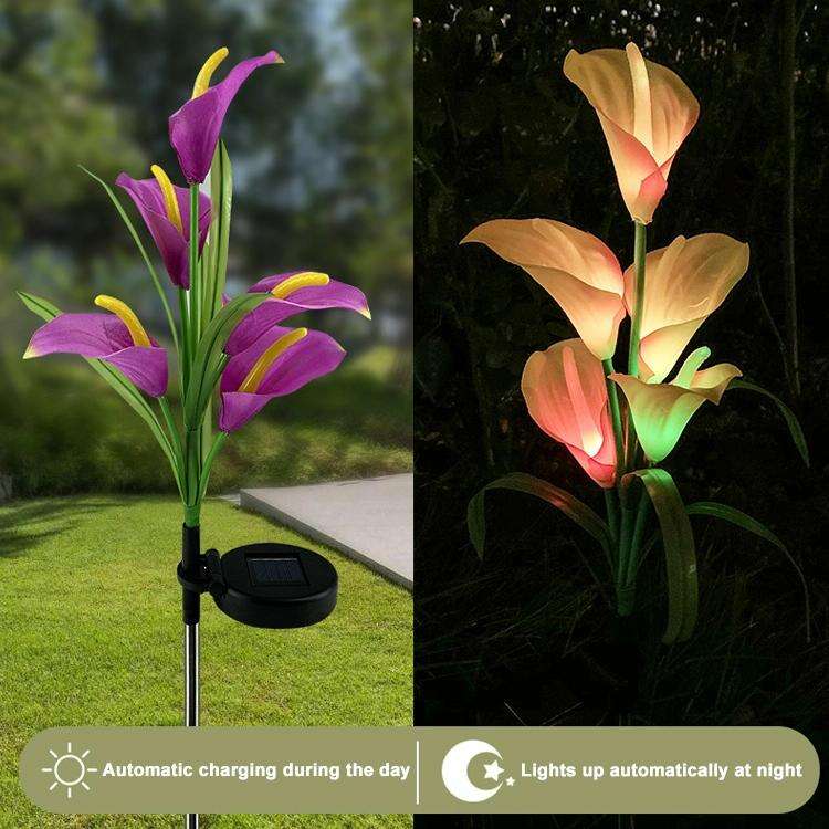 3PCS Simulated Calla Lily Flower 5 Heads Solar Powered Outdoor IP65 Waterproof LED Decorative Law...