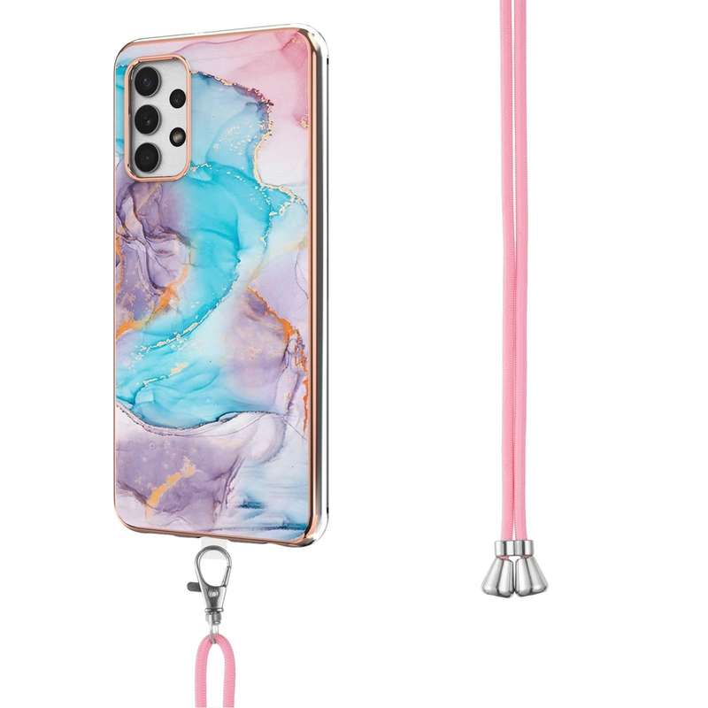 For Samsung Galaxy A32 5G Electroplating Pattern IMD TPU Shockproof Case with Neck Lanyard(Milky ...
