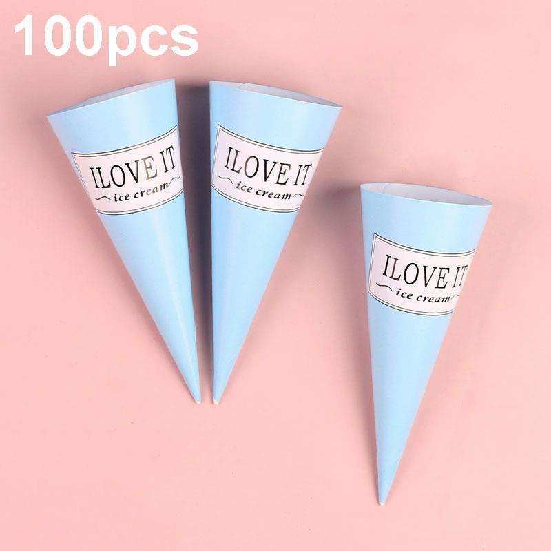100pcs Disposable Ice Cream Paper Holder Sweet Crispy Tip Bottom Paper(Blue Letter)
