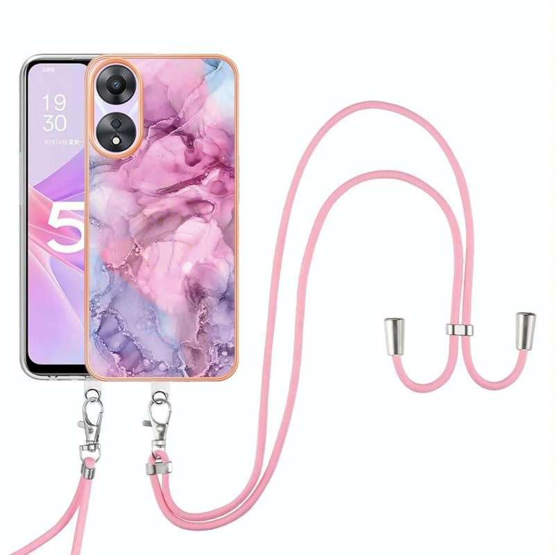 For OPPO A78 / A58 Electroplating Marble Dual-side IMD Phone Case with Lanyard(Pink 013)