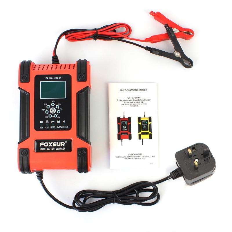 FOXSUR 12A / 12V / 24V Car / Motorcycle 7-stage Lead-acid Battery AGM Charger, Plug Type:UK Plug(...