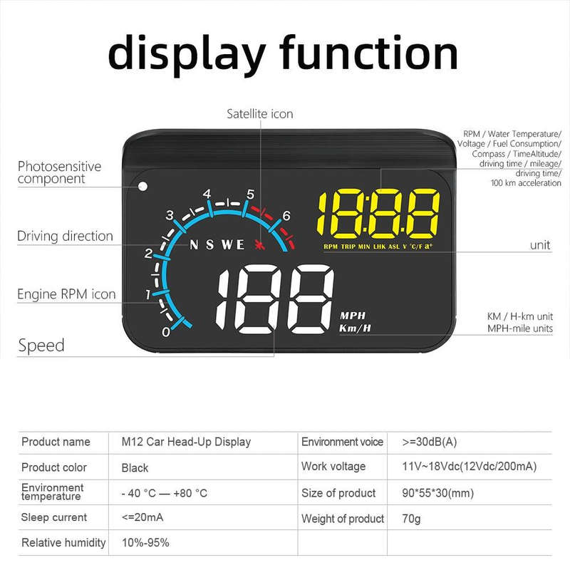 M12 OBD2 + GPS Mode Car Head-up Display HUD Overspeed / Speed / Water Temperature / Low Voltage /...