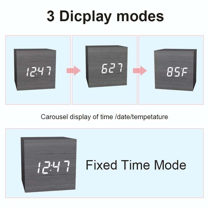 Multicolor Sounds Control Wooden Clock Modern Digital LED Desk Alarm Clock Thermometer Timer Whit...
